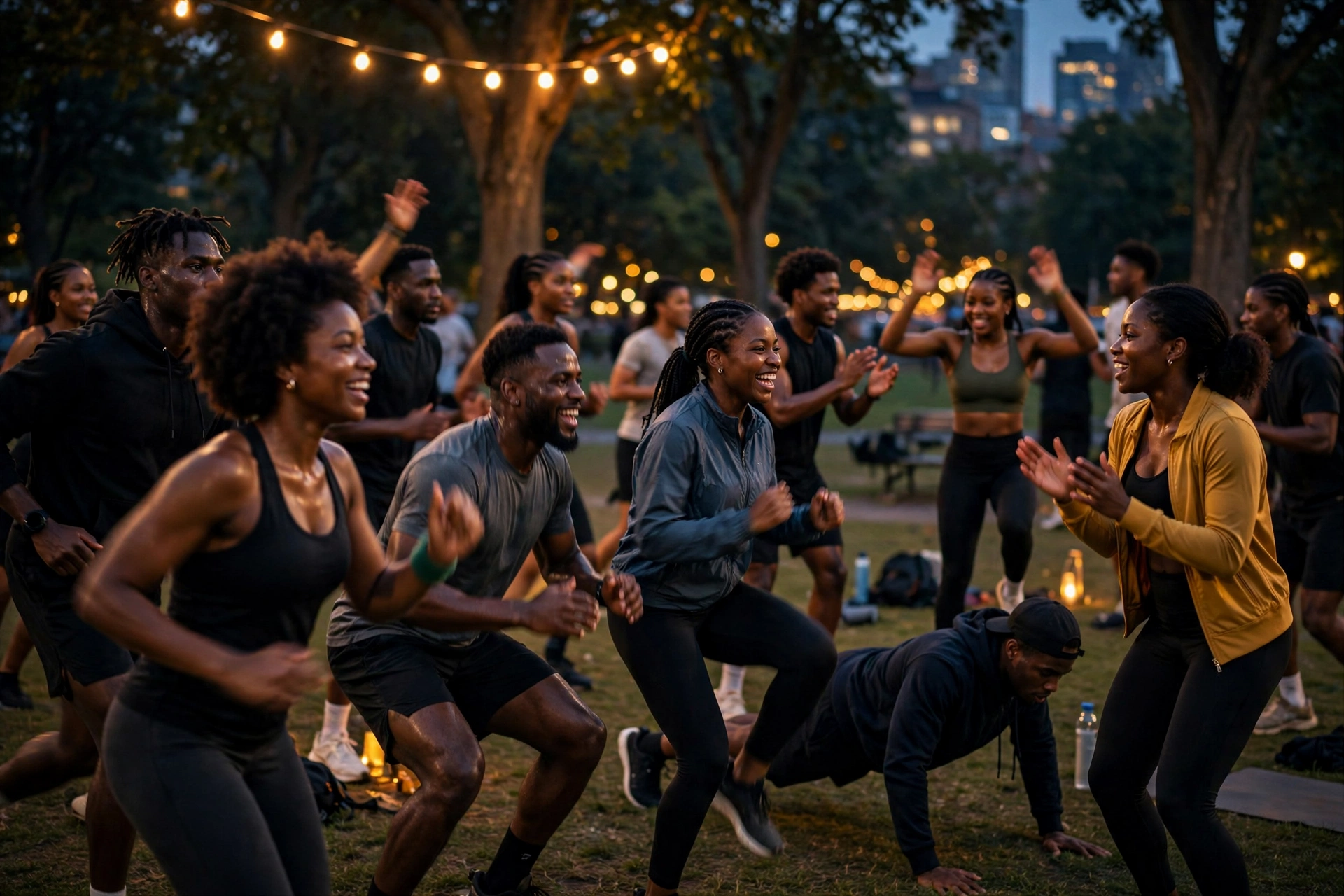 Community fitness event with a large group training outdoors at dusk
