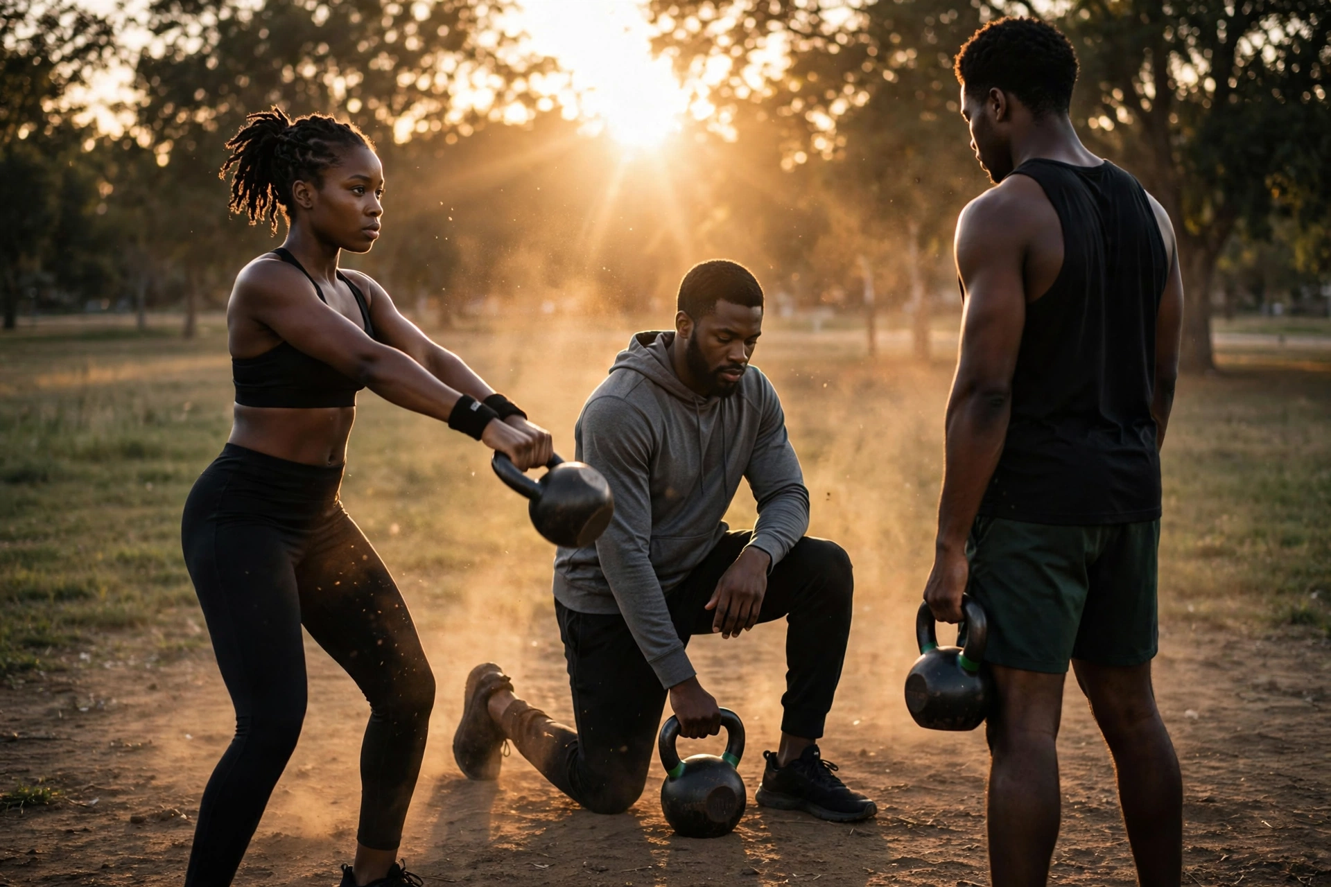 Athletes doing outdoor strength and conditioning at golden hour