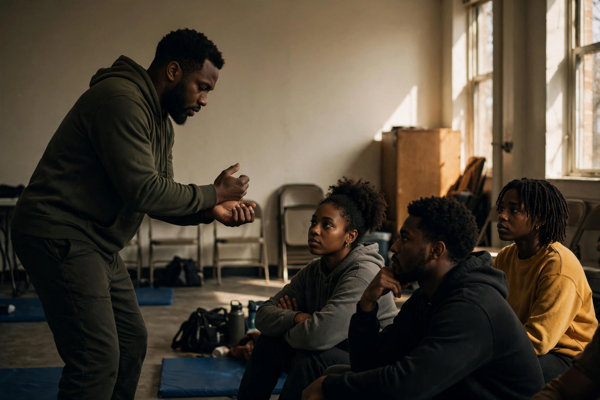 Self-defense workshop with an instructor and students