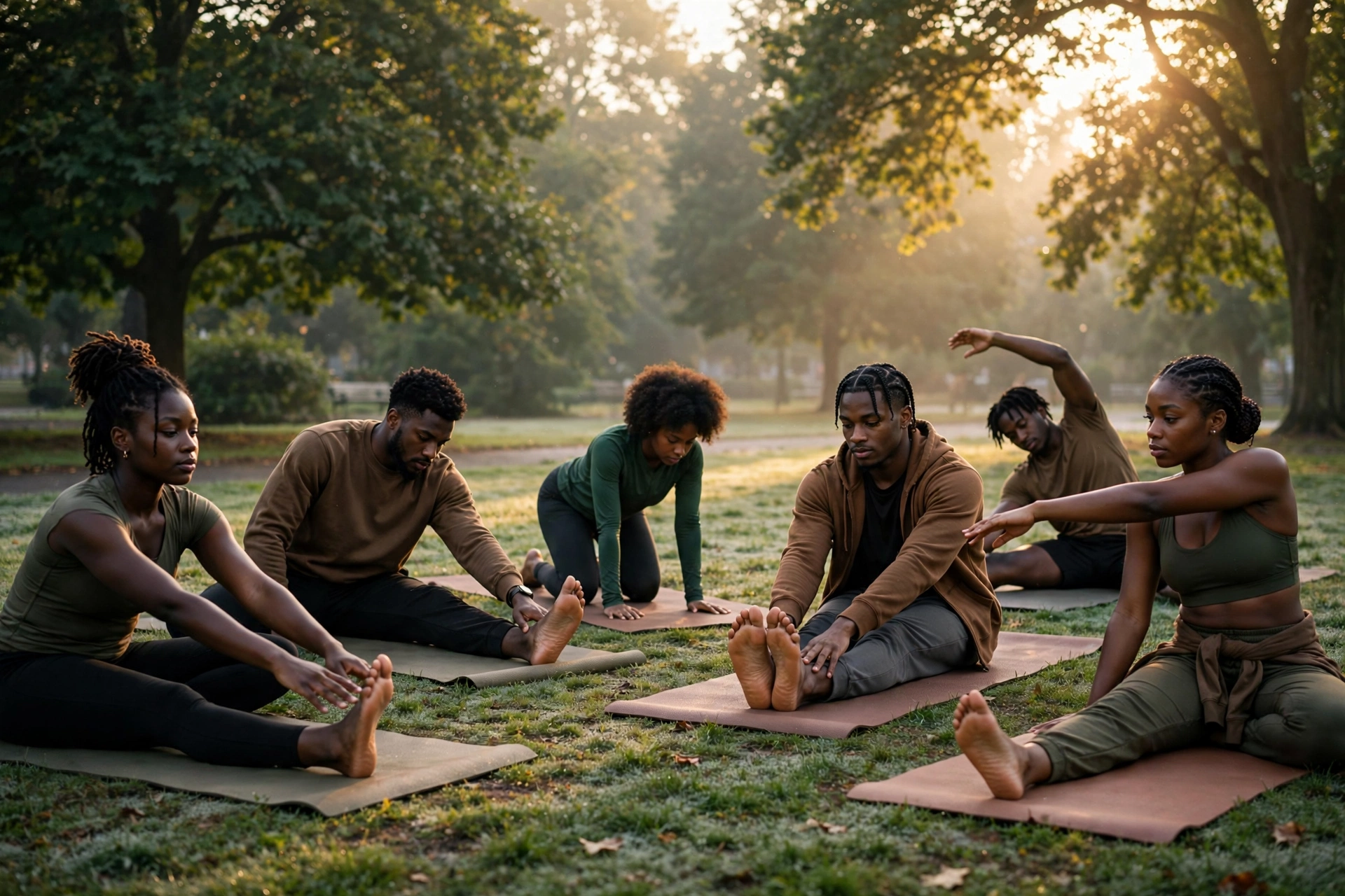 Group sunrise yoga and mobility session outdoors