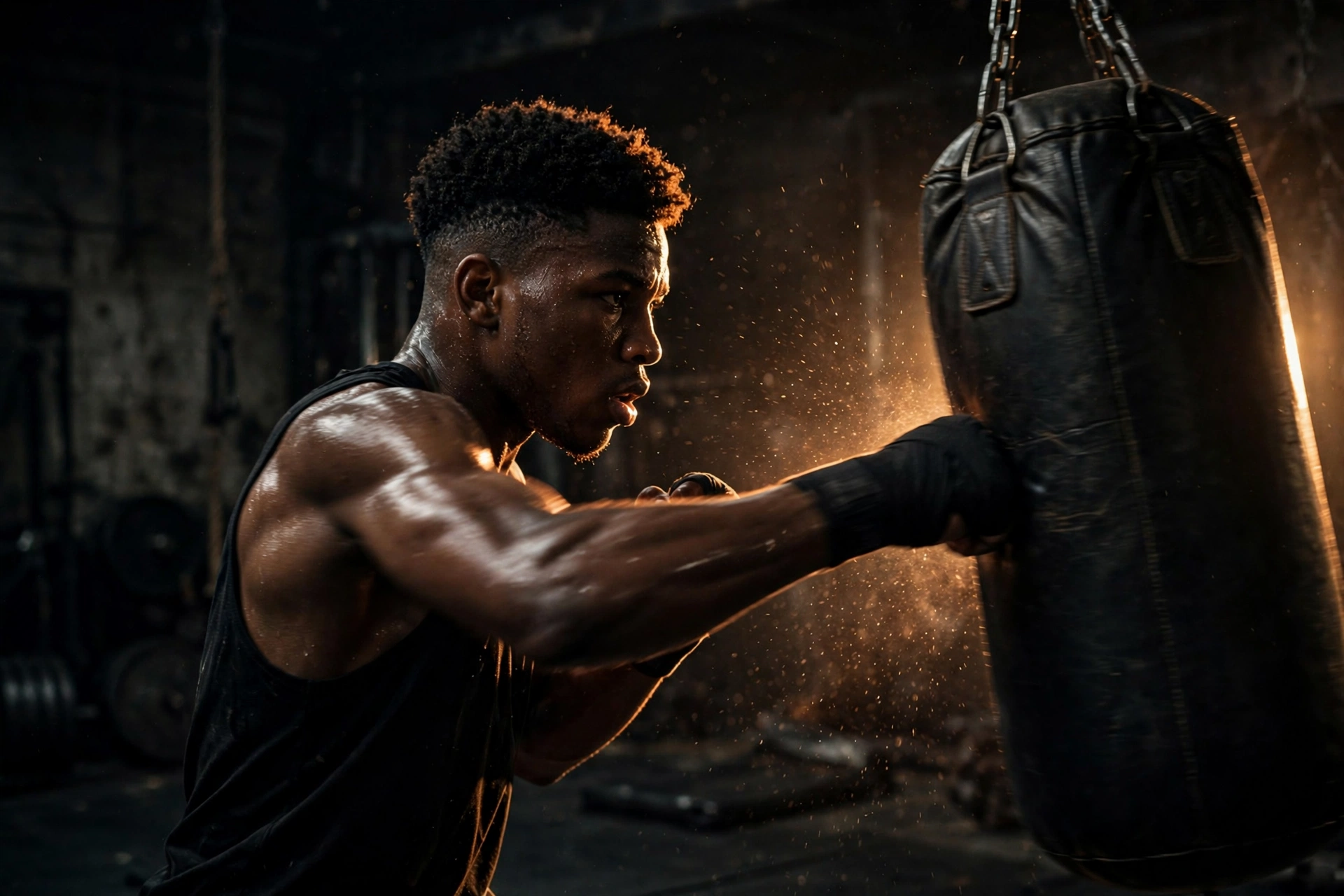 Athlete training with a heavy bag in a dark gym